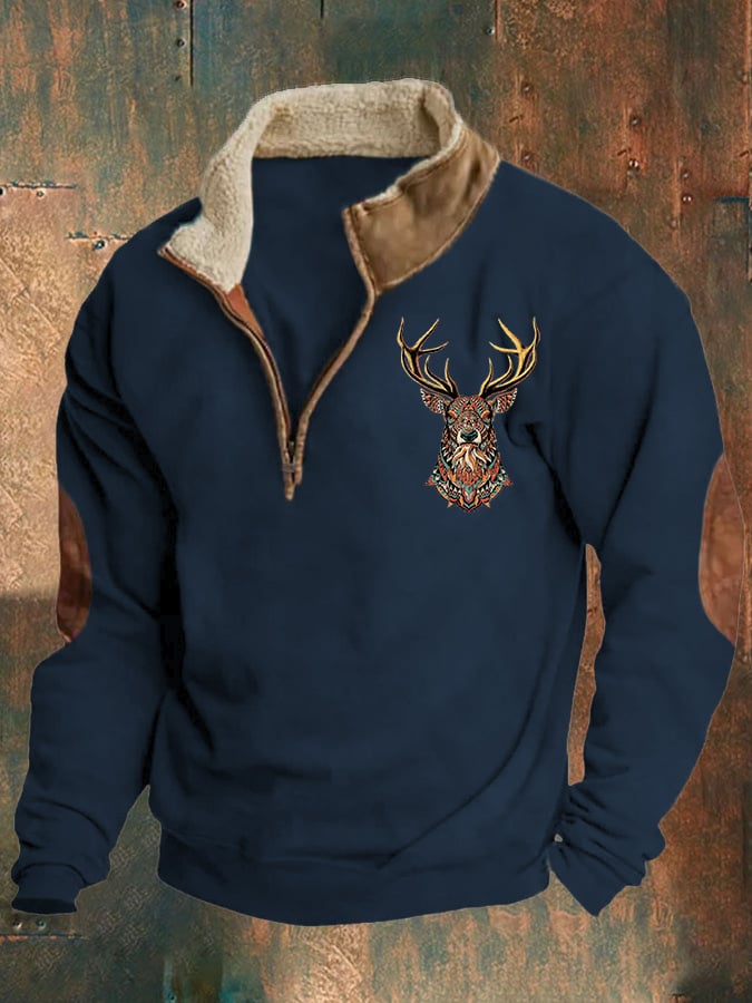 Sudadera retro Western estampado cierre Stand cuello para hombre