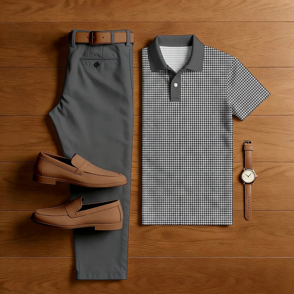 Conjunto de dos piezas casual Gray a cuadros estampado de manga corta camisa polo And Trousers para hombre