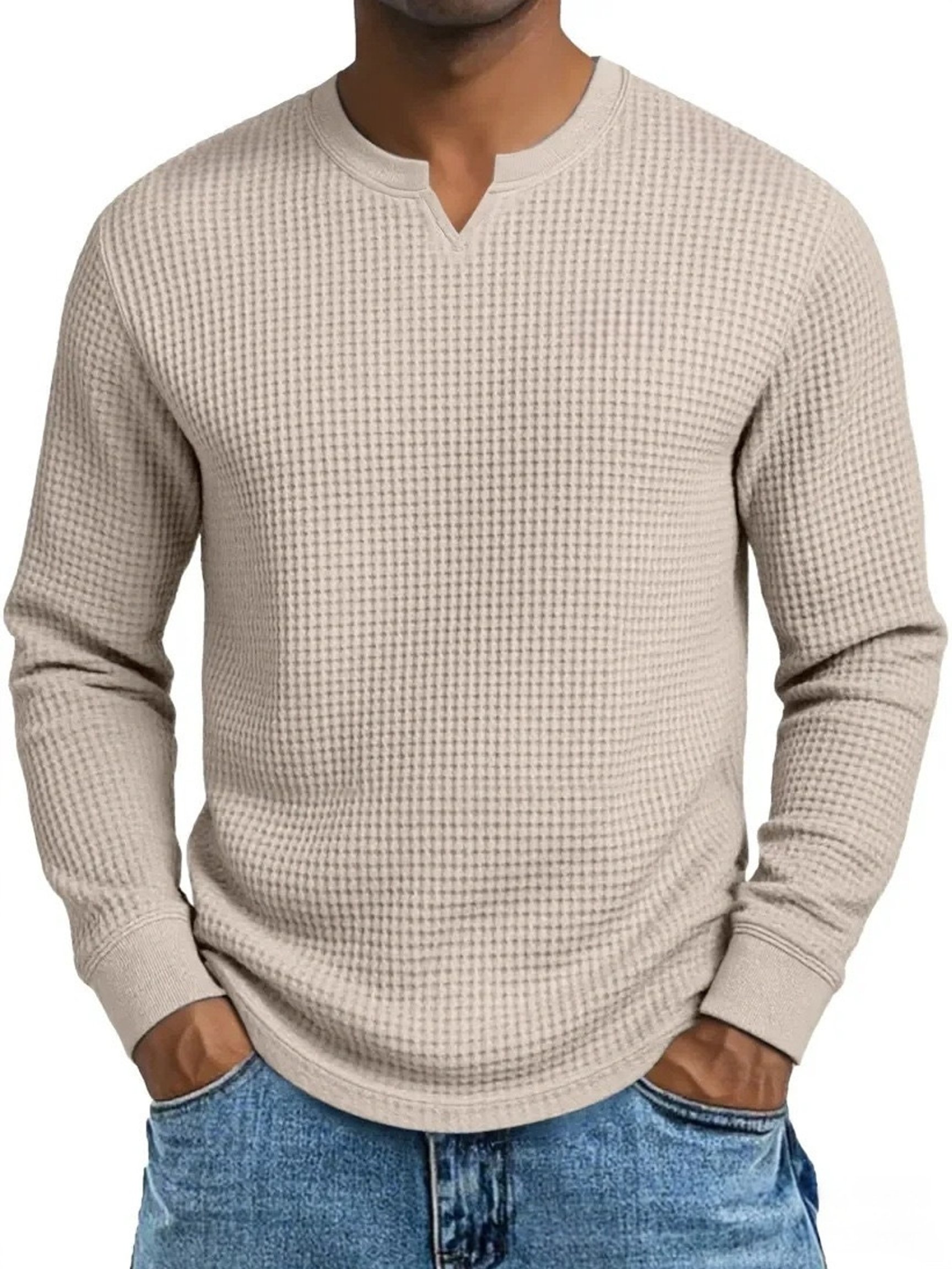 Camiseta vintage tejido tipo waffle V-Neck de manga larga para hombre