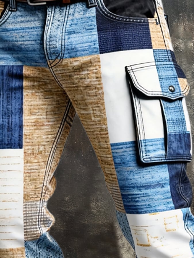 Pantalón retro en bloques de color desgastado bolsillo Cargo para hombre
