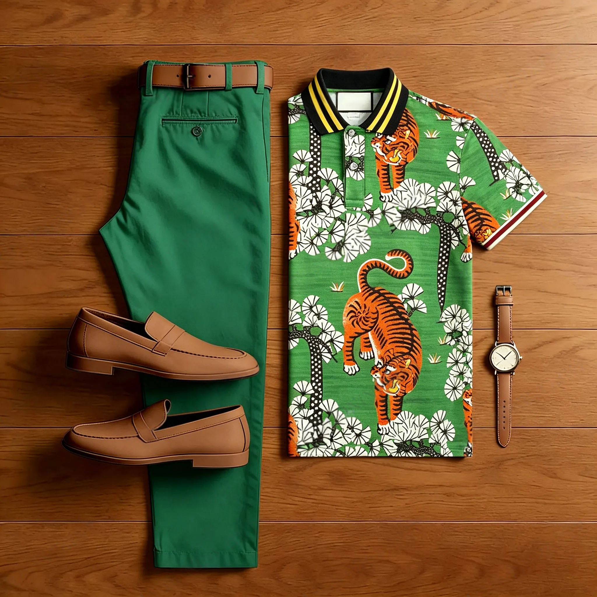 Conjunto de dos piezas casual Light Green estampado camisa polo And pantalón para hombre