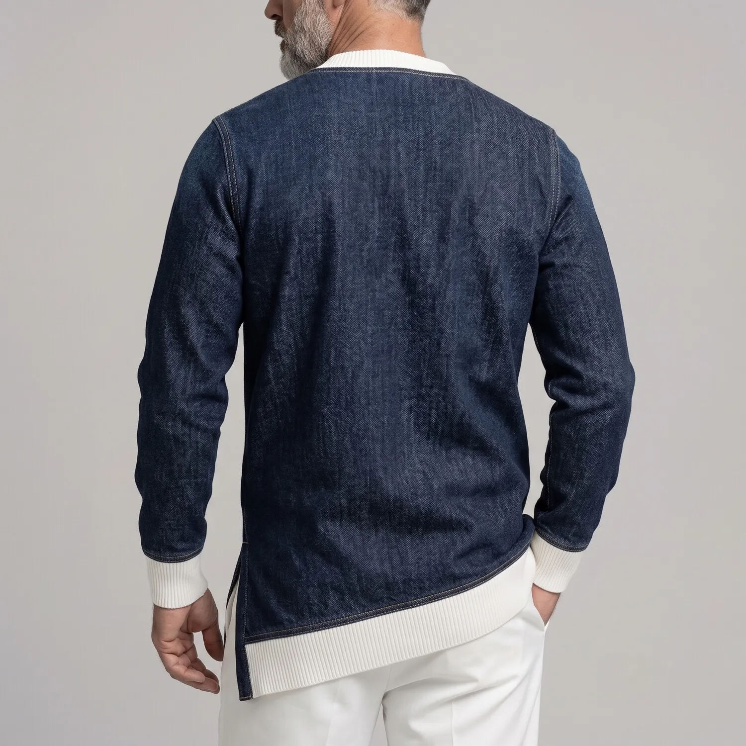 para hombre casual V Neck Contrast Rib tejido Trim Side Split de manga larga Denim Sweacamiseta