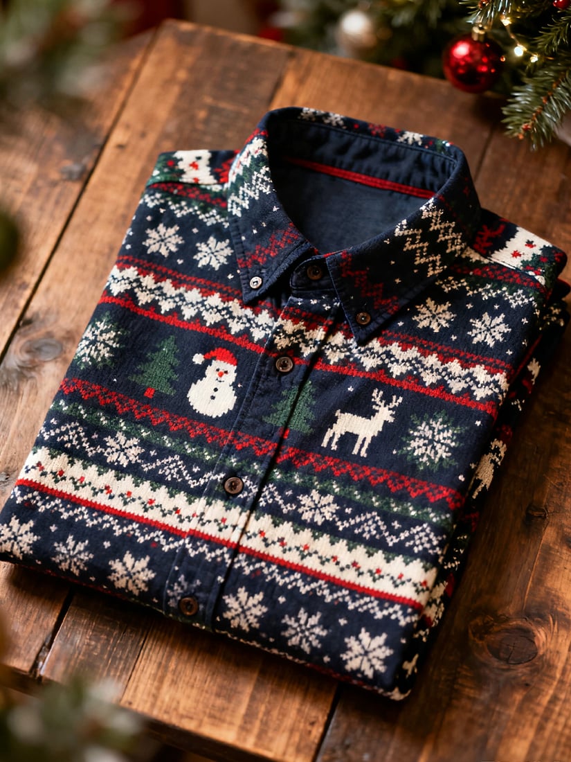 Camisa Christmas de manga larga con botones para hombre