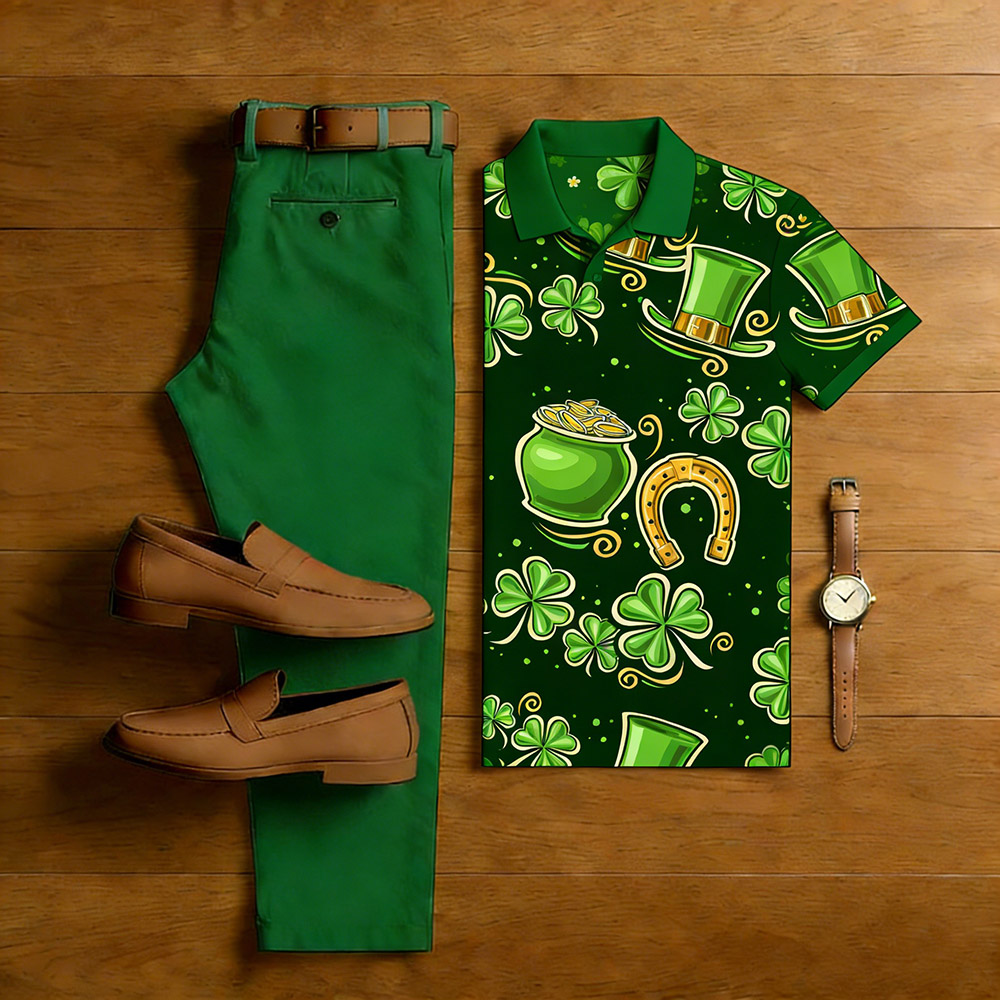 Conjunto de dos piezas casual Green Color Matching de manga corta camisa polo & Trousers para hombre