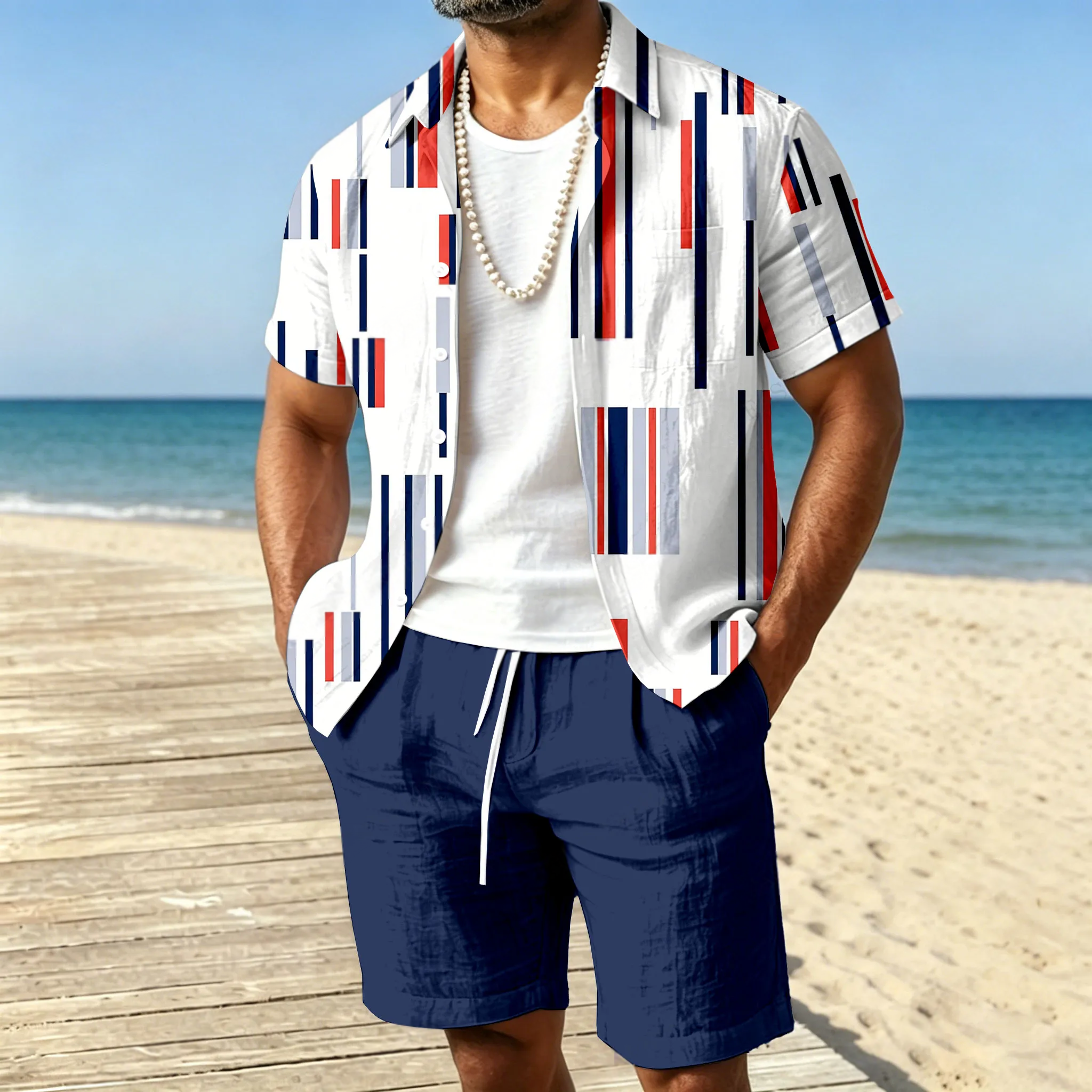 Conjunto de dos piezas casual White rayas de manga corta camisa And shorts para hombre
