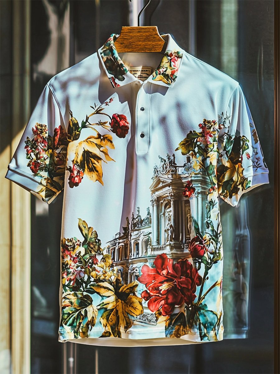 Camisa polo casual Festive floral Court estampado Button de manga corta para hombre