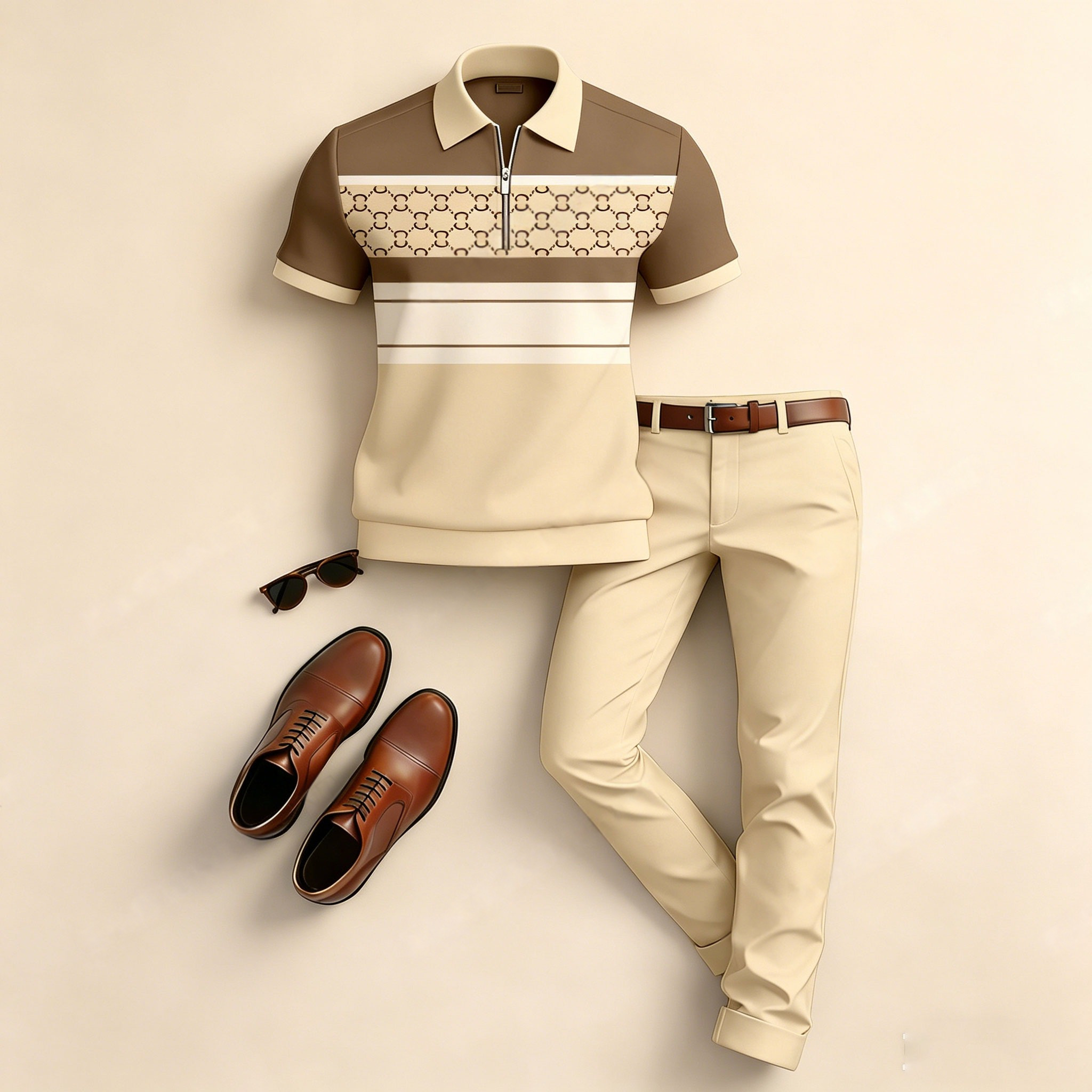 Conjunto de dos piezas casual Color-Blocked estampado de manga corta camisa polo And pantalón para hombre