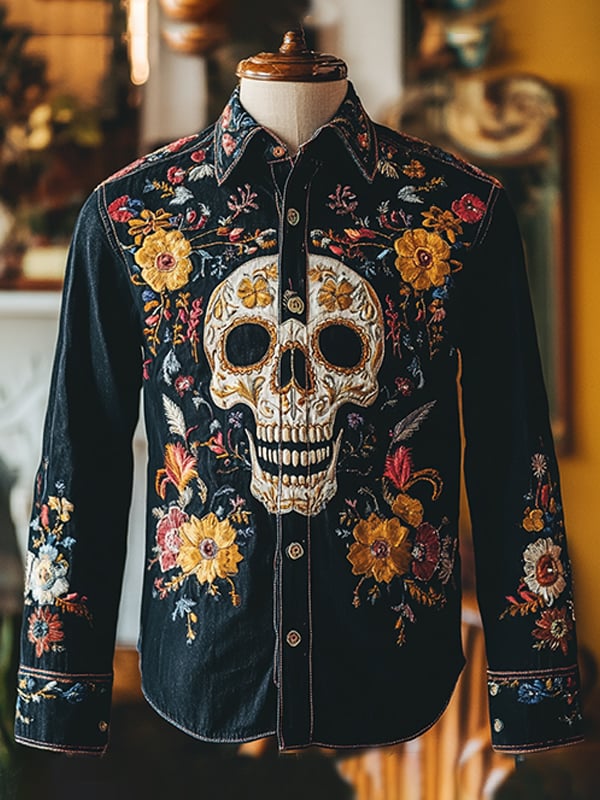 Camisa para exterior vintage Skull and floral estampado de manga larga para hombre