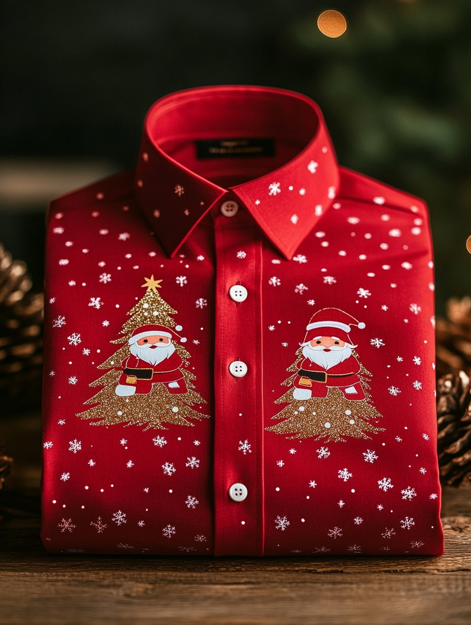Camisa ejecutivo retro Christmas Santa Claus Snowflake de manga larga para hombre