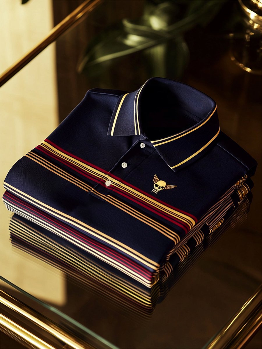 Camisa polo ejecutivo casual a rayas Skull Button de manga corta para hombre