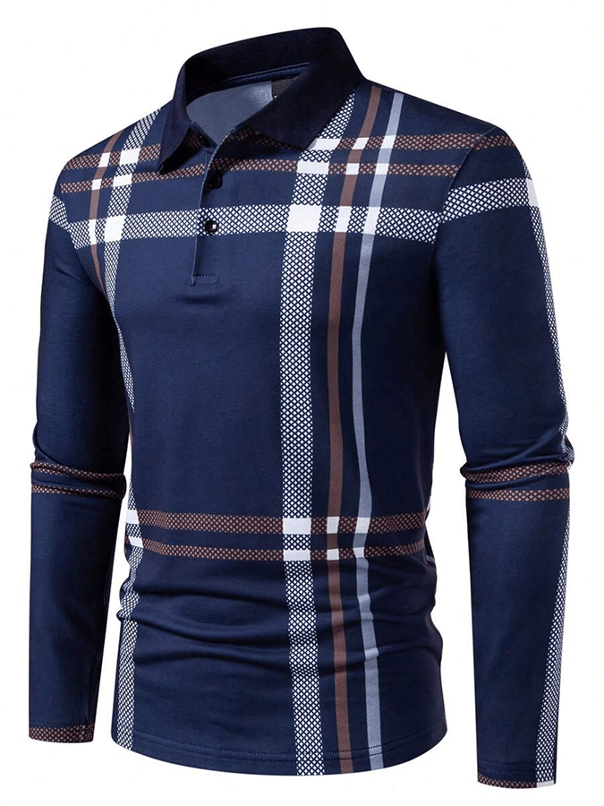 Camisa polo a cuadros ejecutivo casual de manga larga para hombre