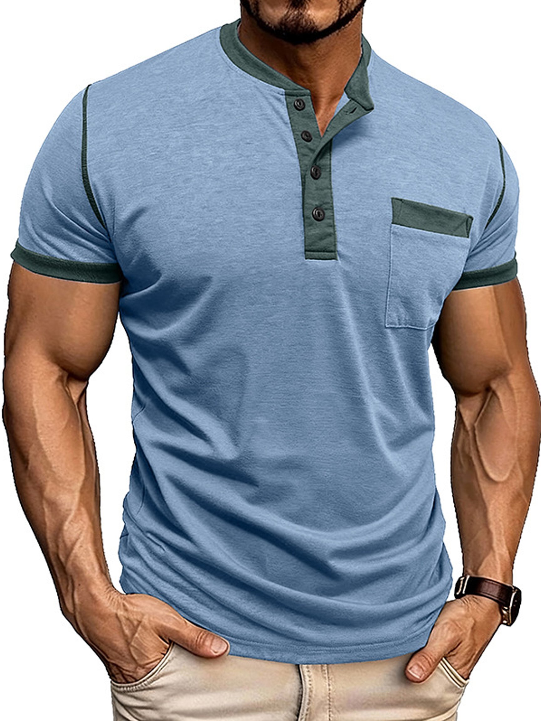 Camiseta vintage Comfortable Henley Neck de manga corta para hombre