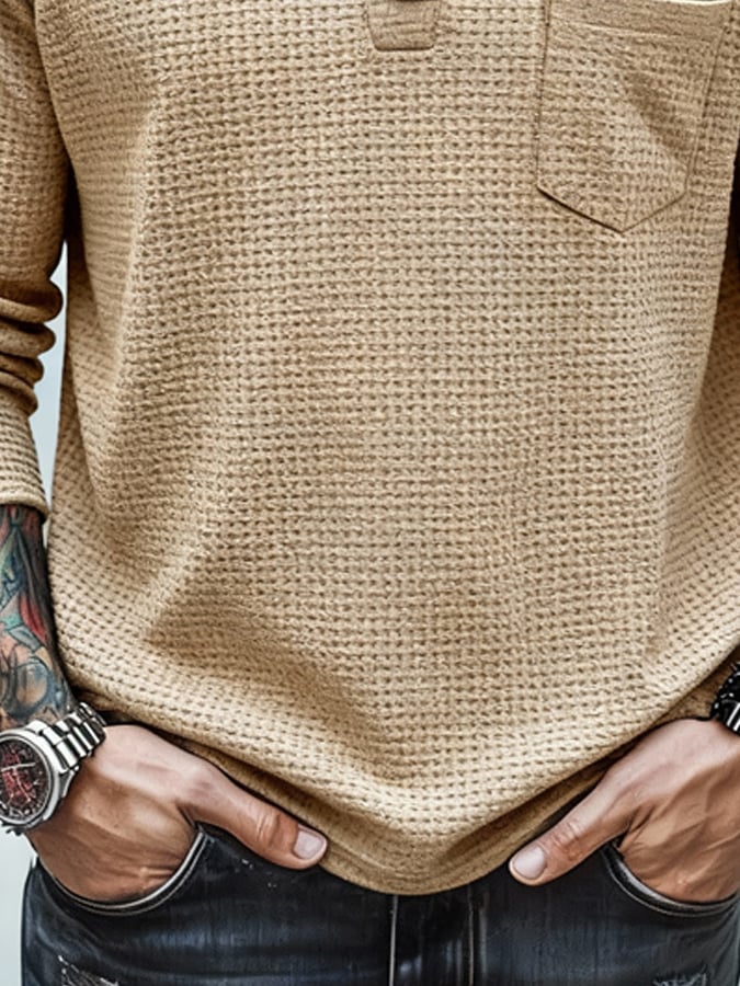 Camiseta vintage tejido tipo waffle Faux Two-Piece de manga larga with bolsillos para hombre