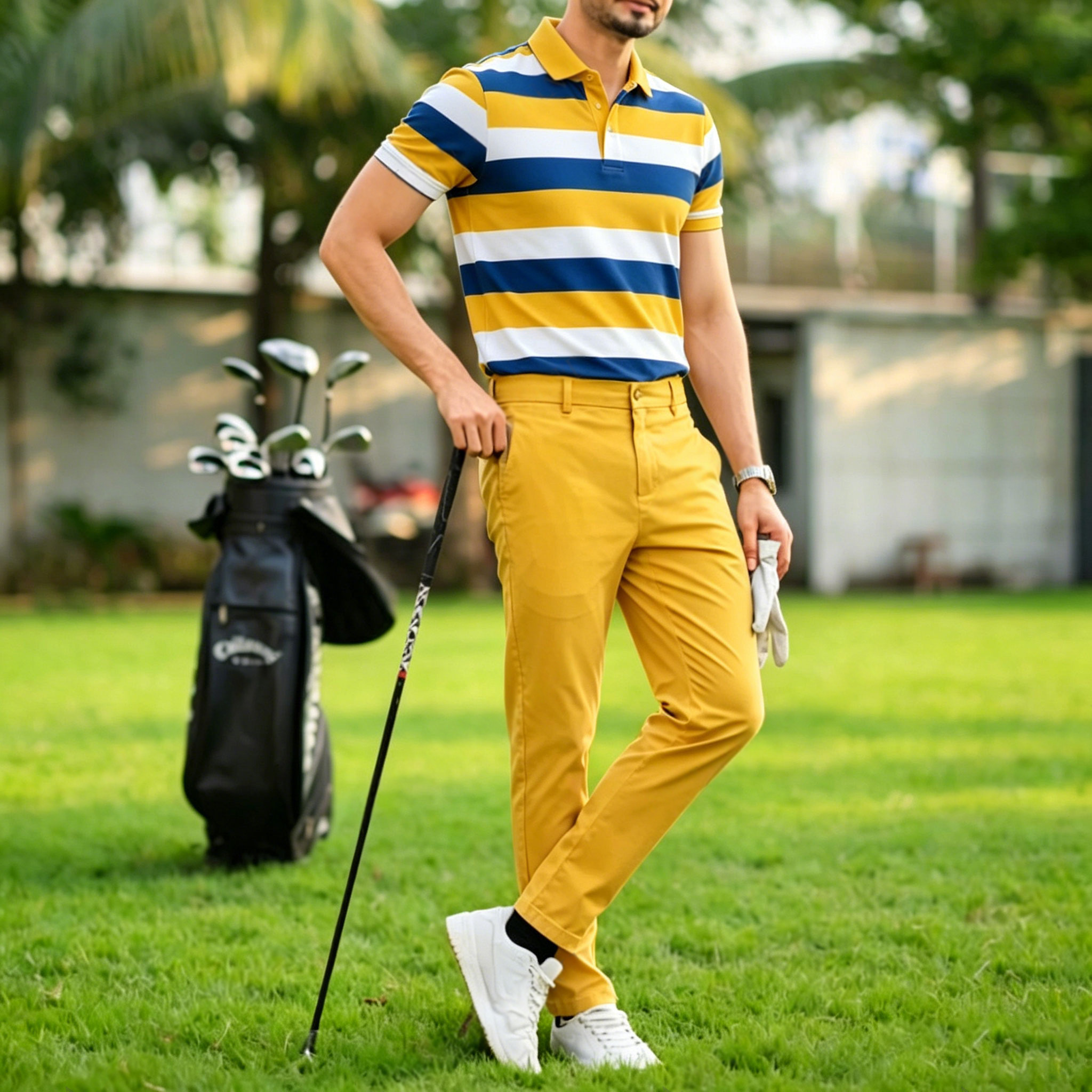 Conjunto de dos piezas casual Yellow-White Geometric estampado camisa polo And pantalón para hombre
