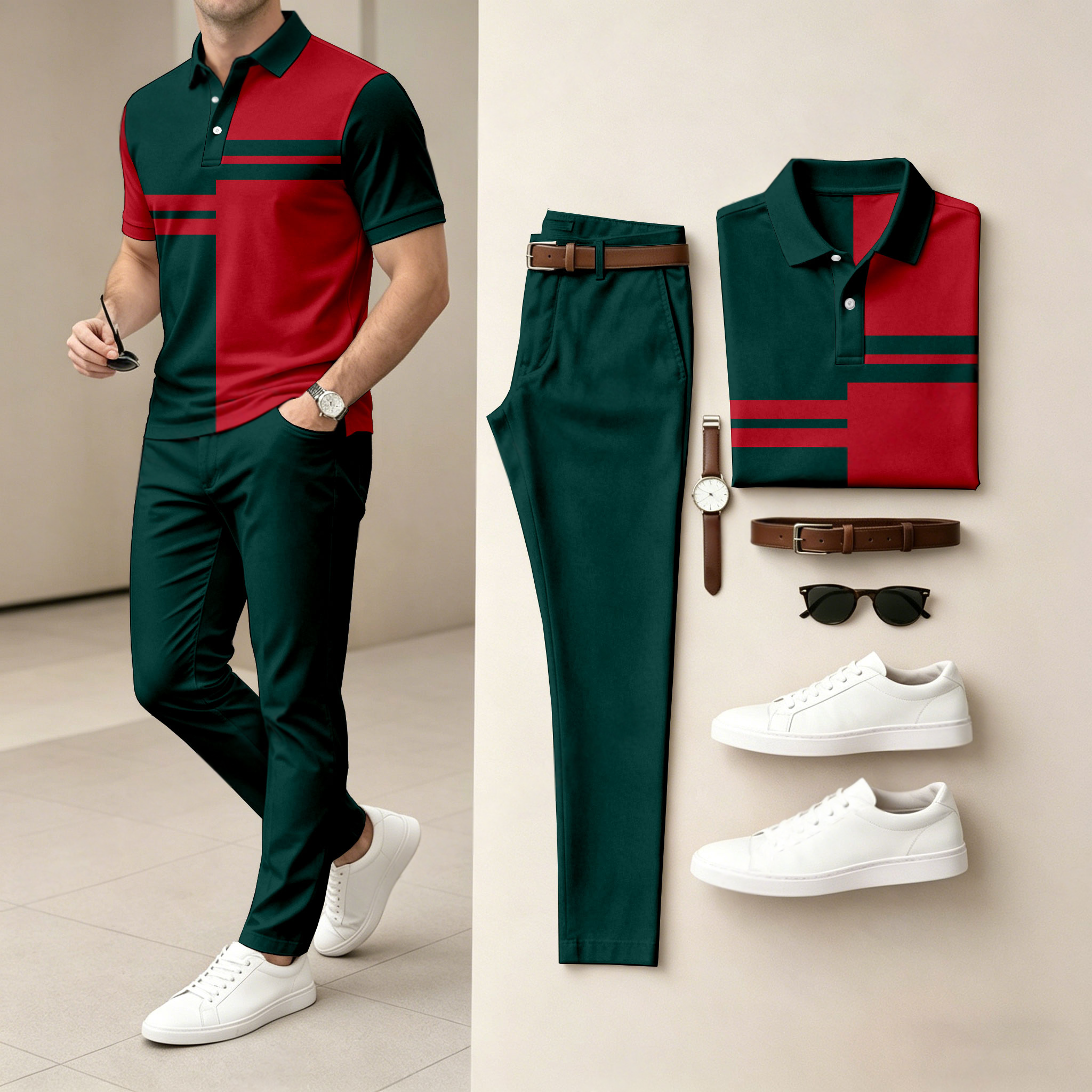 Camisa polo casual Color-Blocked estampado de manga corta And pantalón Set (Excludes Accessories Such As Watches And Belts) para hombre