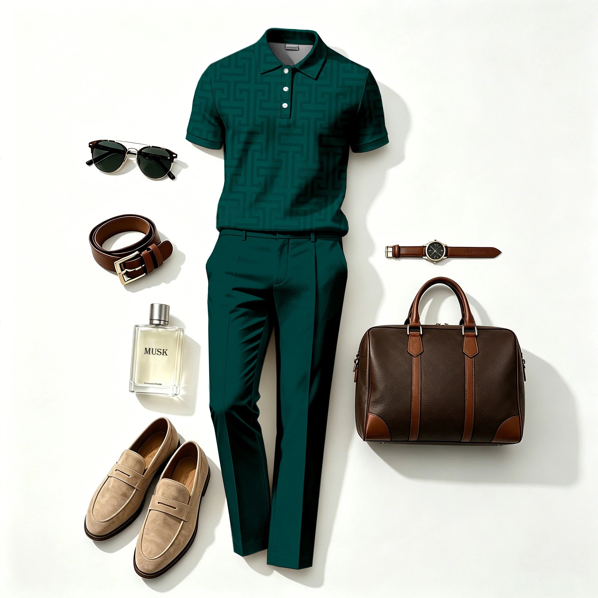 Conjunto de dos piezas casual Green-Background Swastika-estampado de manga corta camisa polo and pantalón (Does Not Include Accessories Such As Watches Or Glasses) para hombre