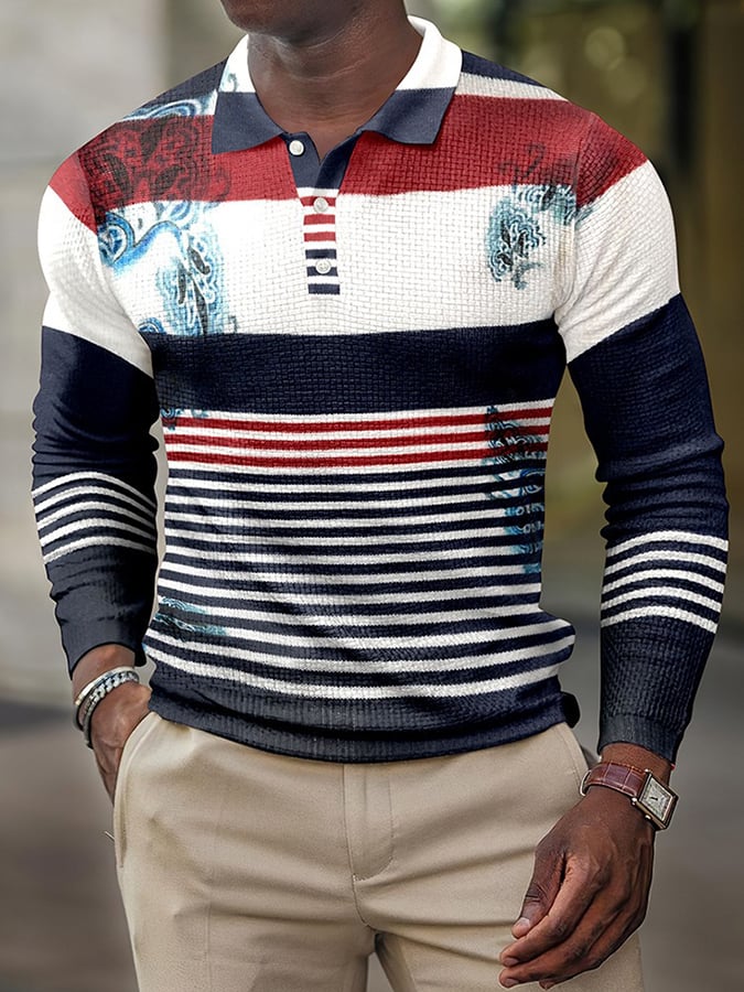 Camisa polo Colorblocked rayas casual Waffle de manga larga para hombre
