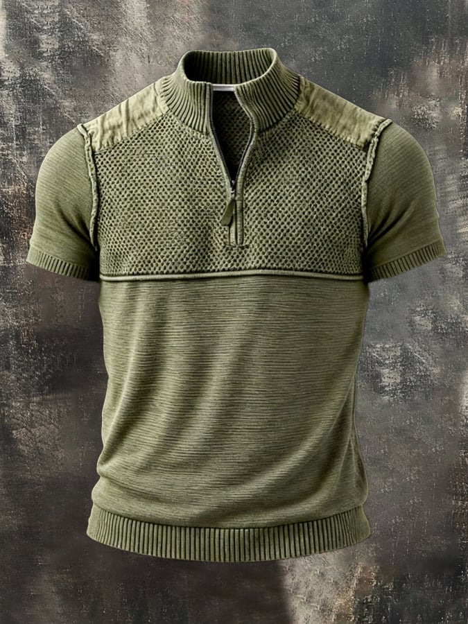 Retro en bloques de color tejido Half-Zip cuello de manga corta Top para hombre