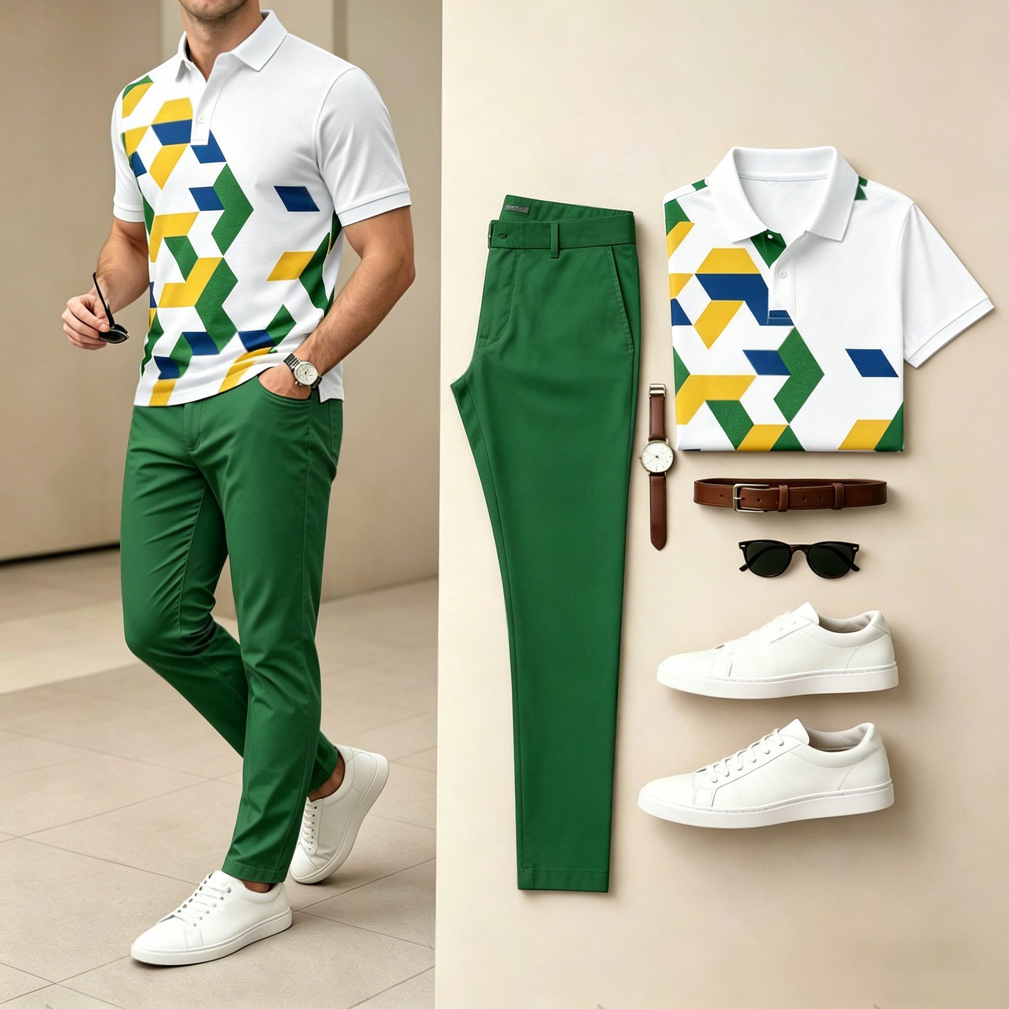 Conjunto de dos piezas casual Green estampado camisa polo And pantalón para hombre
