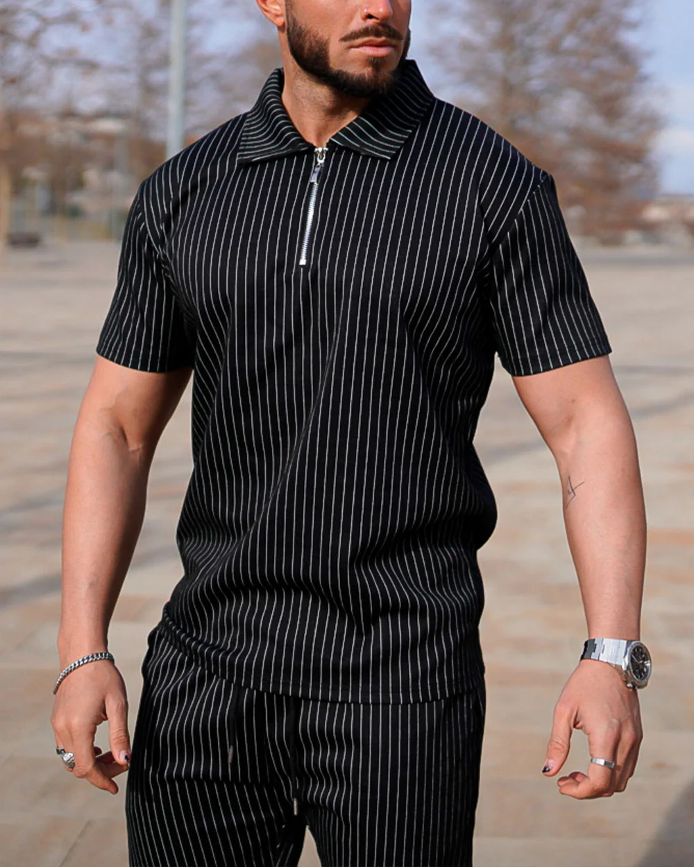 Suitmens Black Vertical rayas Summer POLO Suit para hombre