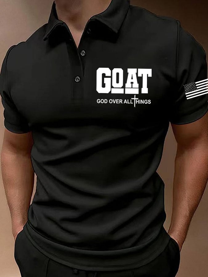 Camisa polo retro Faith "Goat God Over All Things" Design estampado para hombre