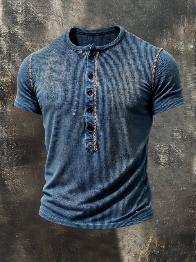Retro Pure de algodón Washed desgastado Color-Blocked Henley cuello de manga corta Top para hombre