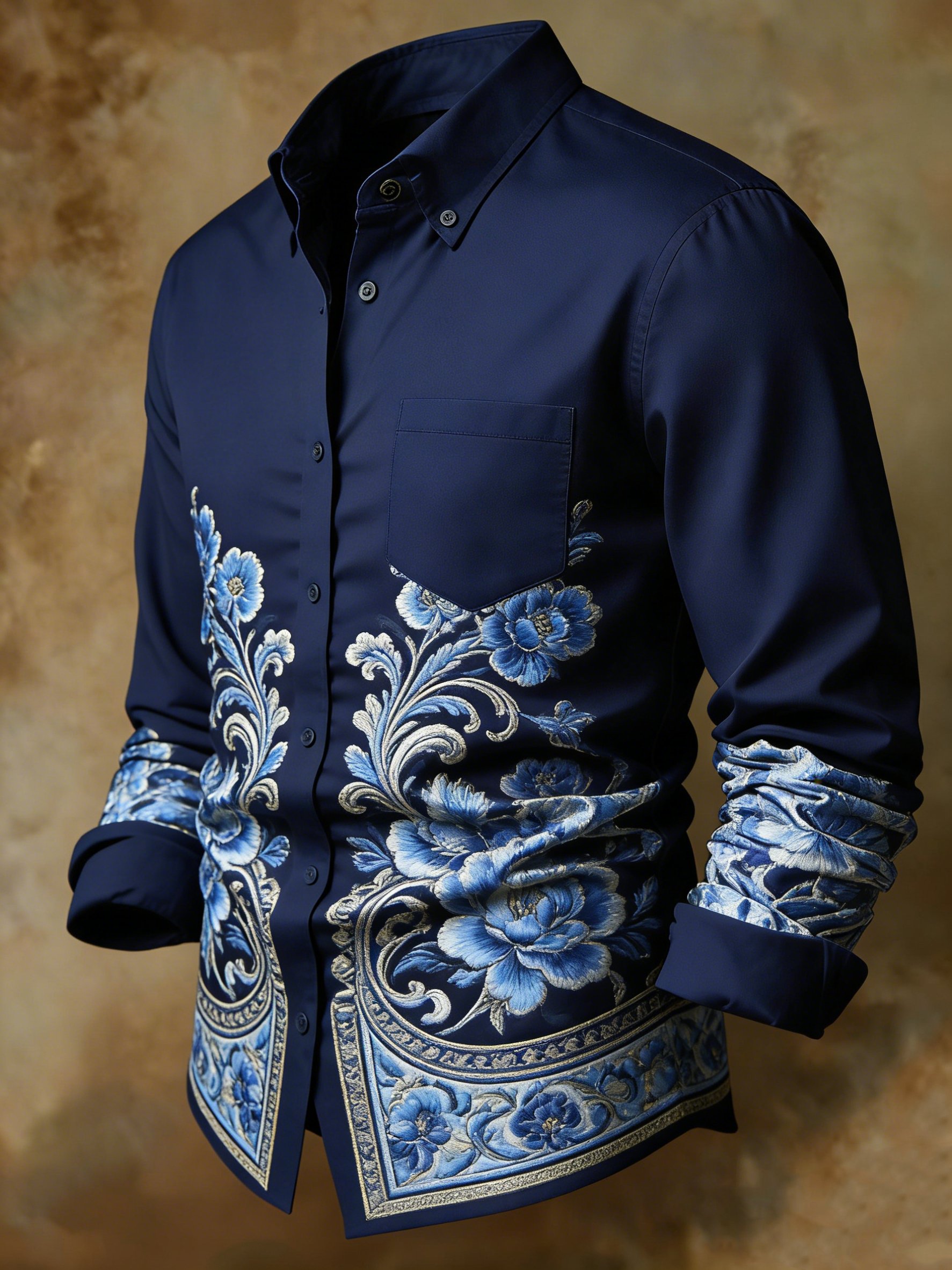 Camisa de lujo Navy Baroque Peony estampado ejecutivo