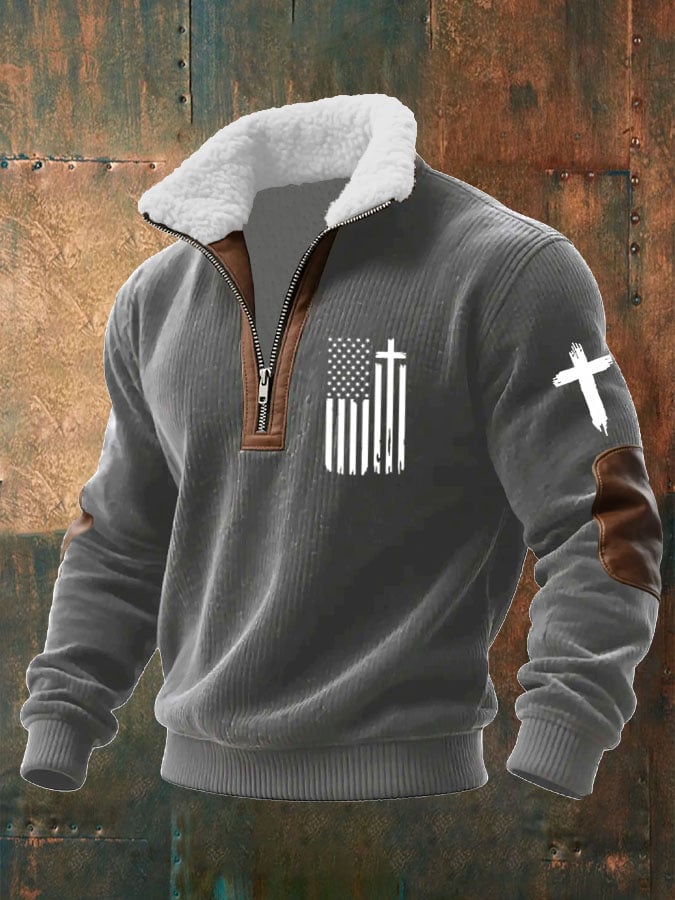 Sudadera Flag Cross estampado tejidoted Fabric cierre Fur cuello para hombre