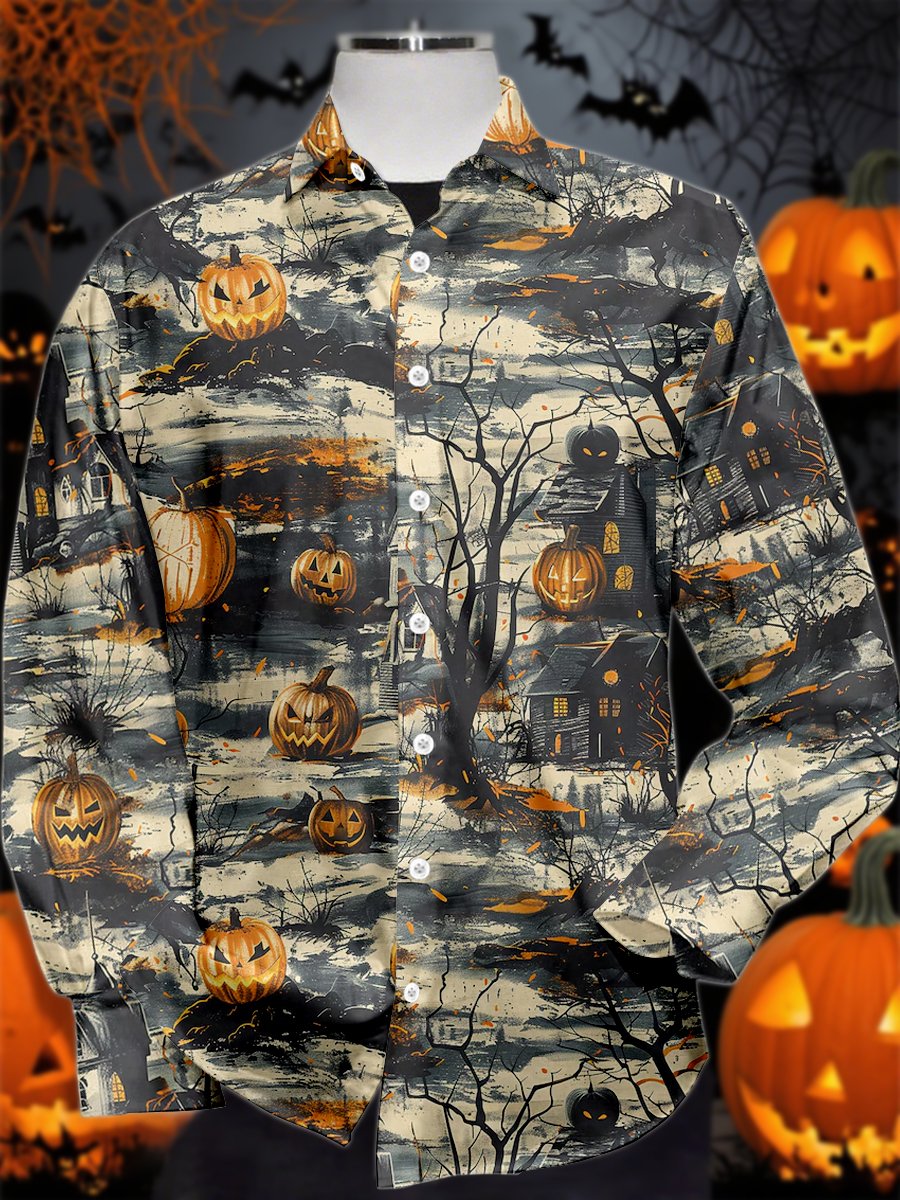 Camisa vintage Halloween estampado de manga larga para hombre