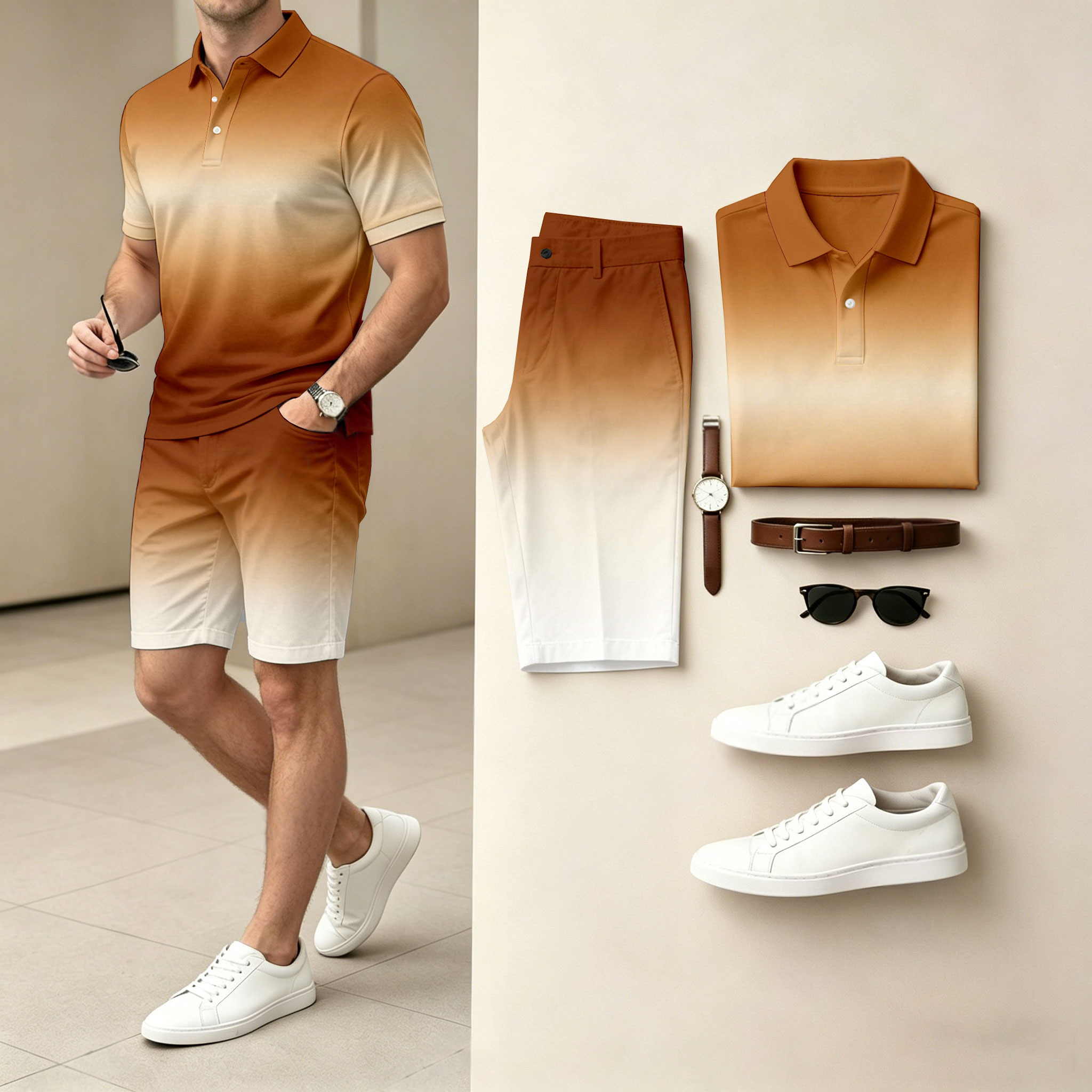 Conjunto de dos piezas casual Gradient-estampado camisa polo And shorts (Does Not Include Watch, Belt, Or Accessories) para hombre