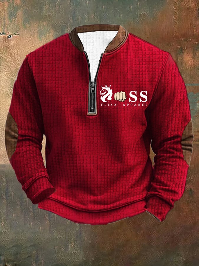 Sudadera retro Letter Design estampado cierre cuello Square jacquard para hombre