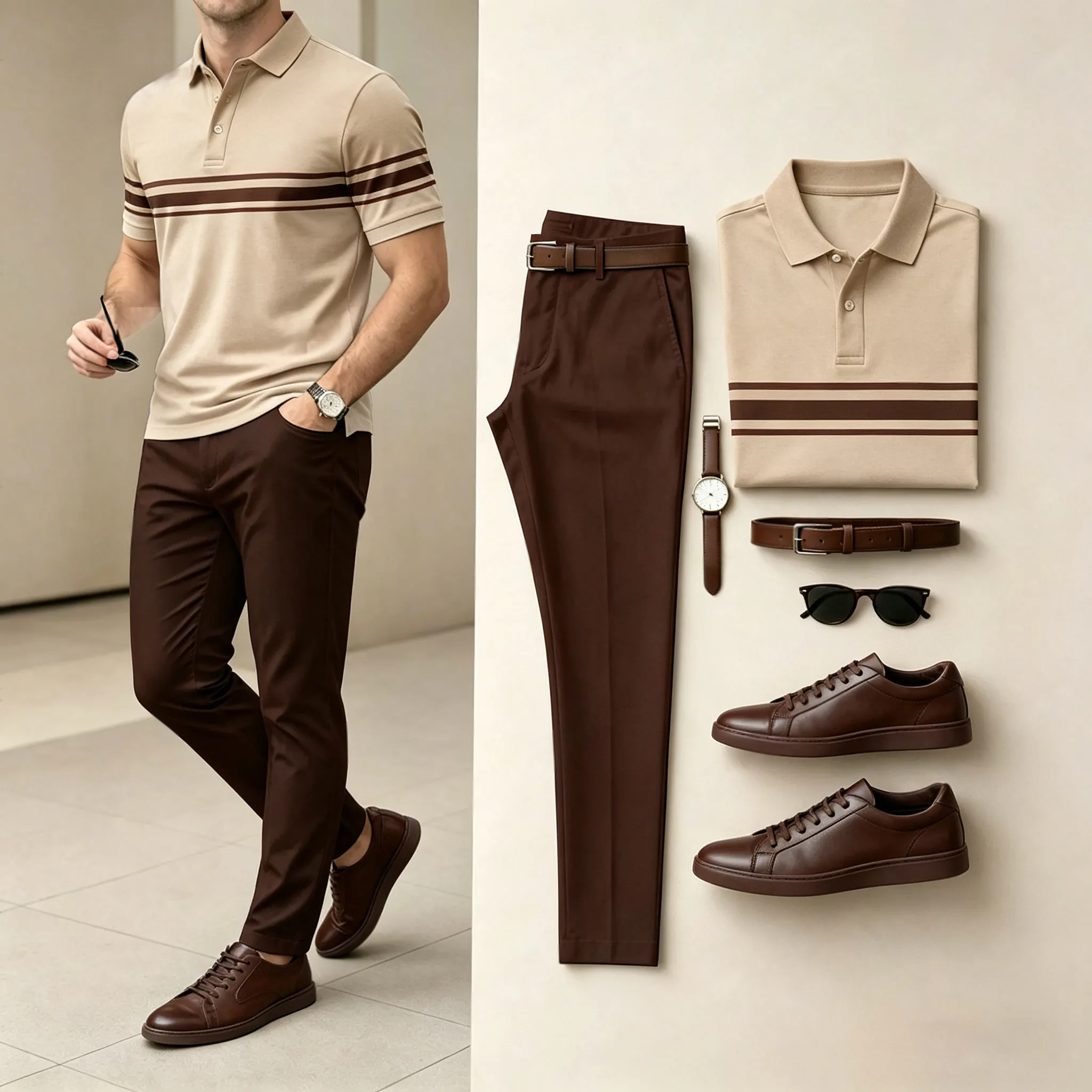 Conjunto de dos piezas casual Khaki estampado camisa polo And pantalón para hombre