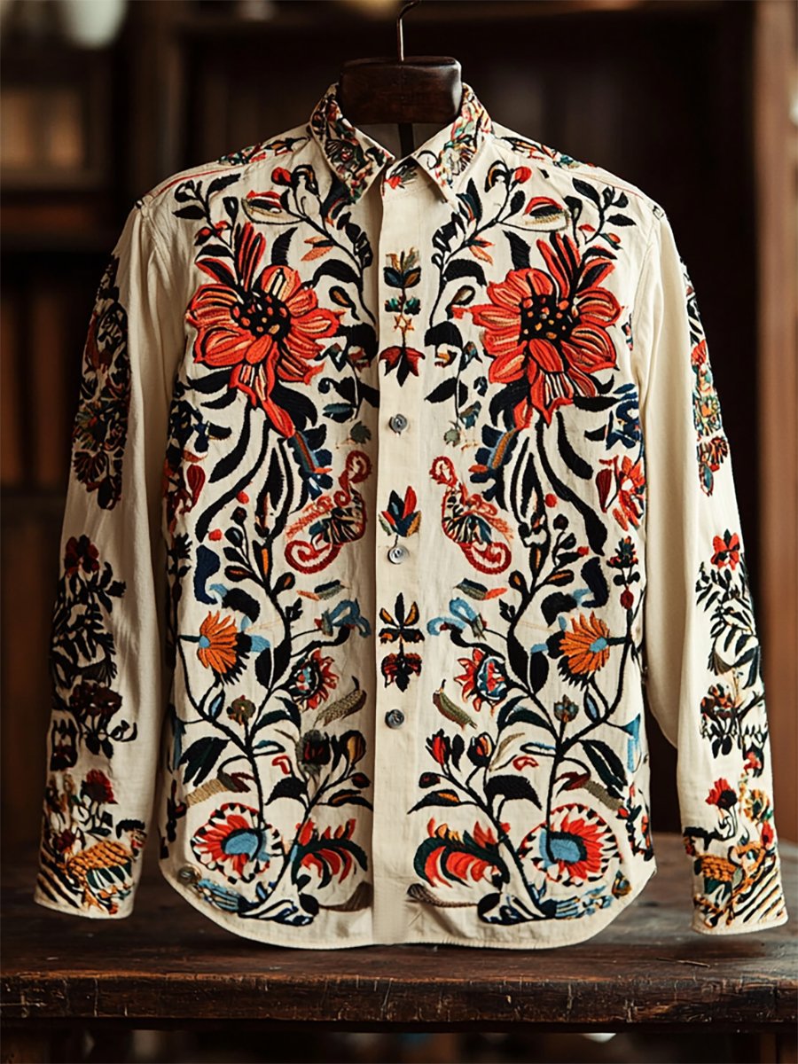 Camisa retro casual Western Ethnic estampado de manga larga para hombre