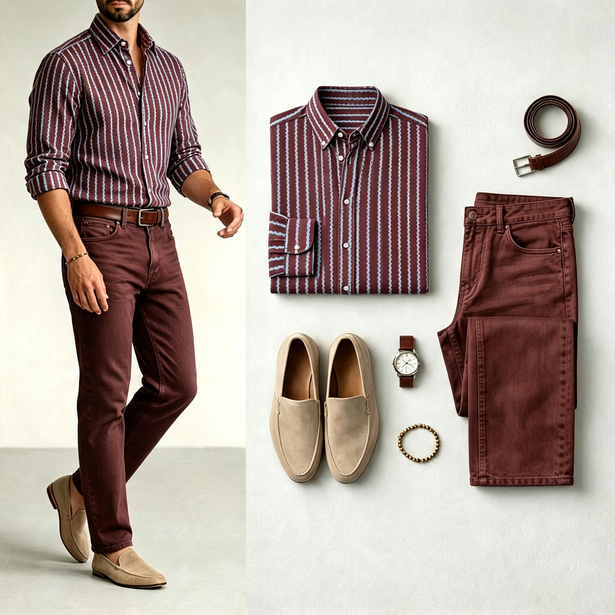 para hombre a rayas Print de manga larga camisa and Jeans Set