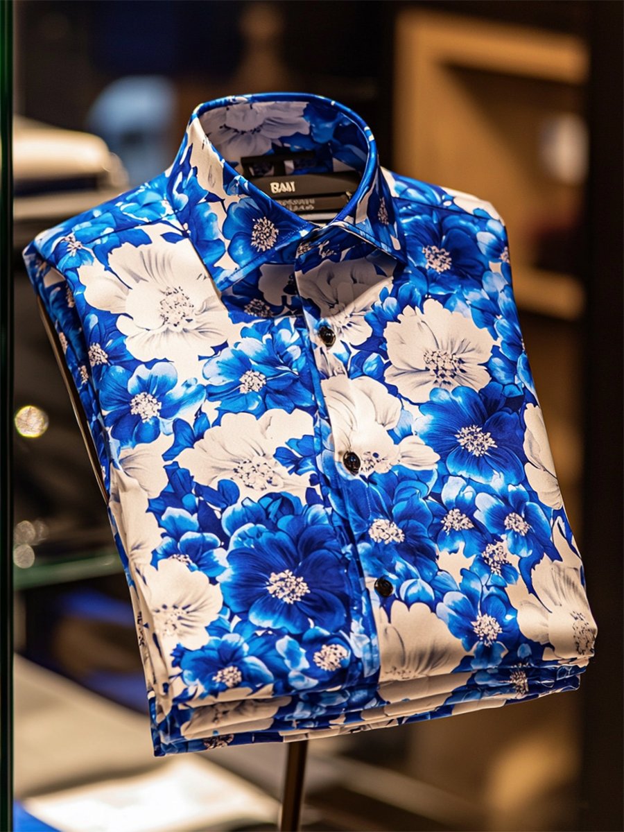 Camisa satén Luxe hawaiano estampado de manga corta Button para hombre