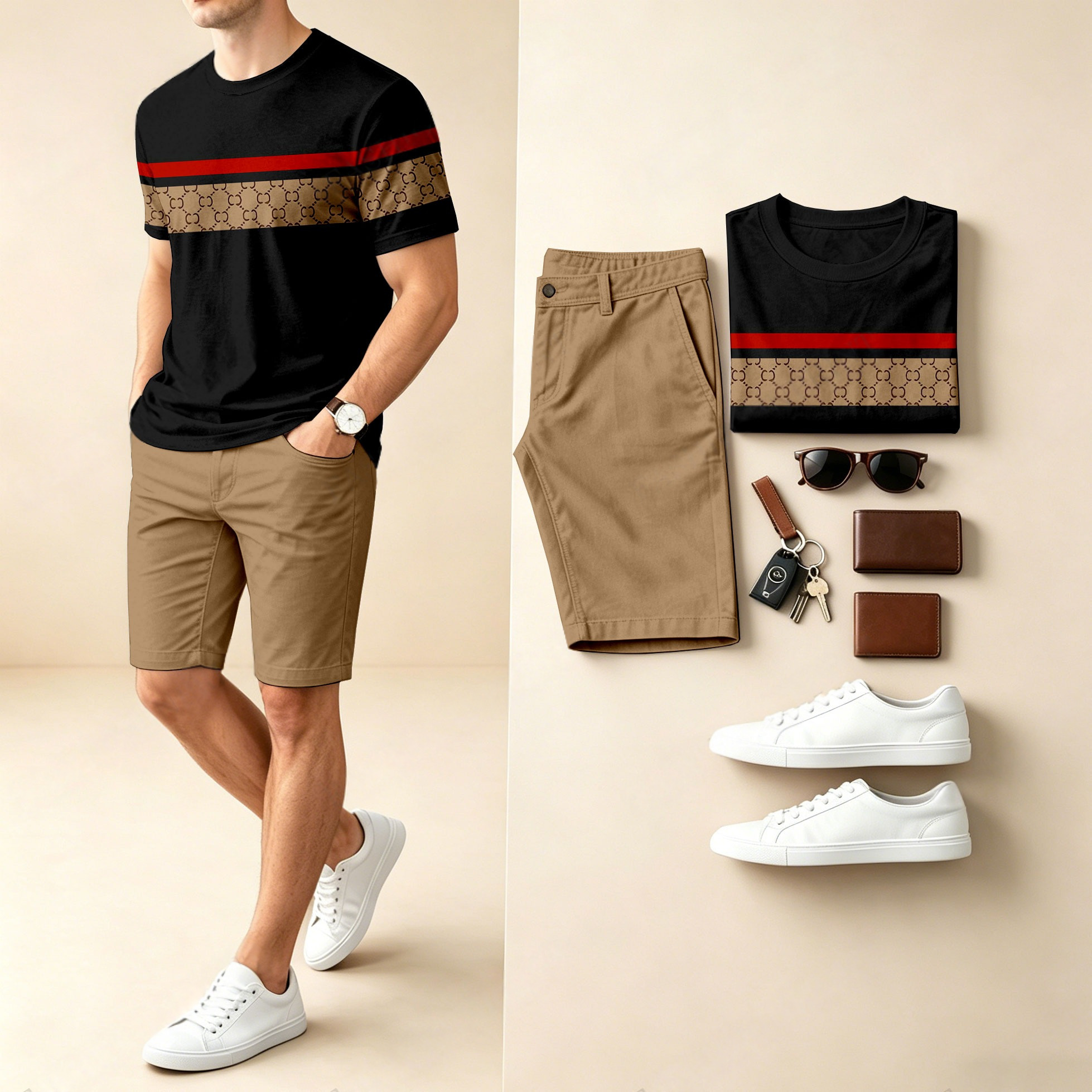Conjunto de dos piezas casual a rayas Color-Block estampado Round-Neck de manga corta camiseta And shorts para hombre