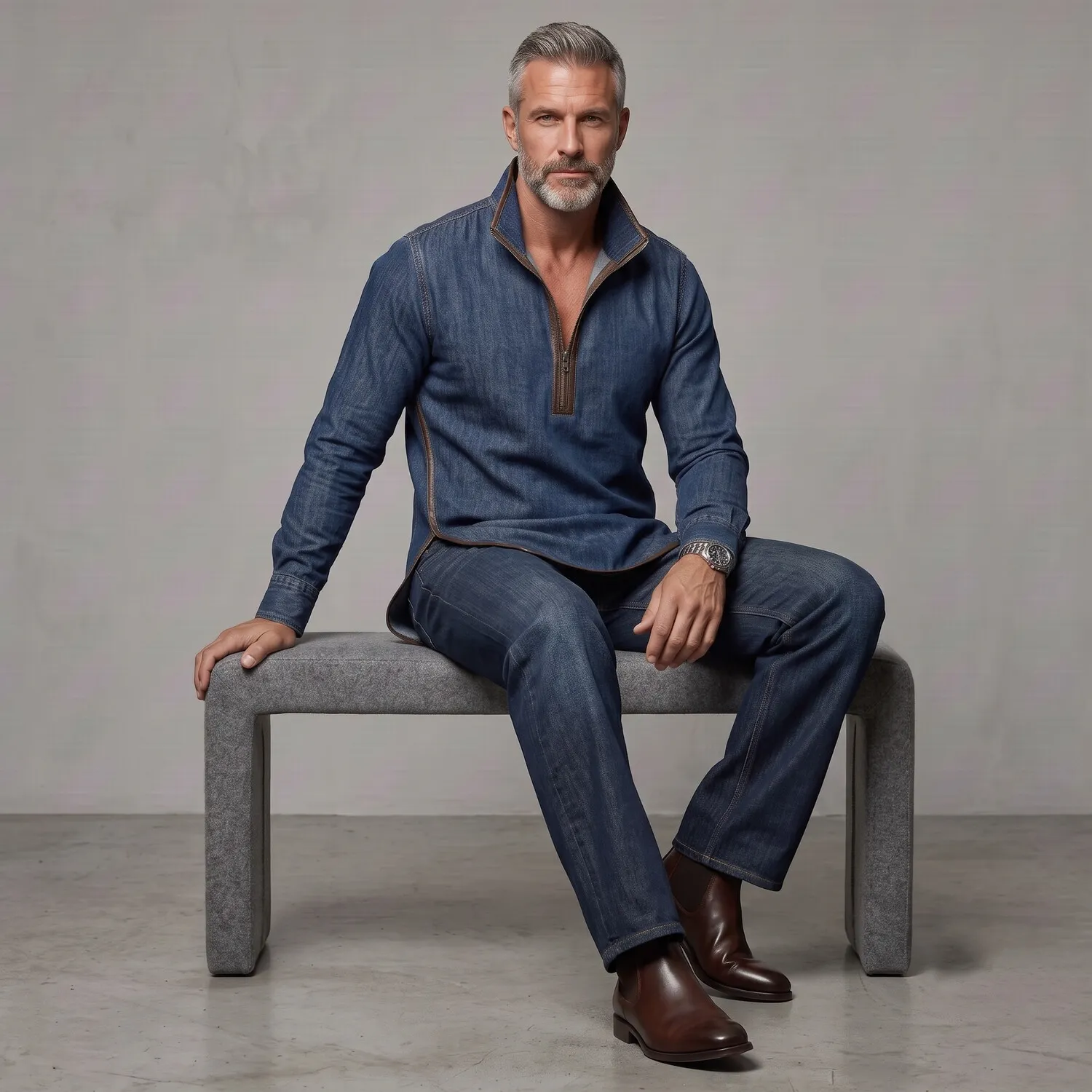 para hombre Denim Stand Collar Contrast PU Leather Trim Side Slit Half Zip de corte entallado Sweacamiseta
