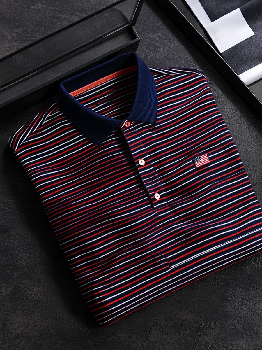 Camisa polo ejecutivo casual a rayas Independence Day Button de manga corta para hombre