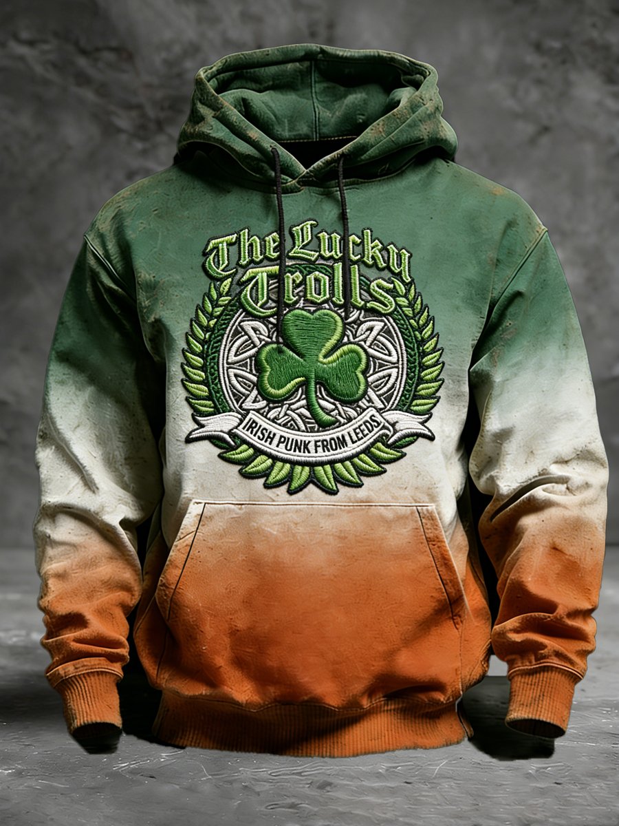 Sudadera vintage St. Patrick's Day Shamrock estampado con gorrasucha para hombre
