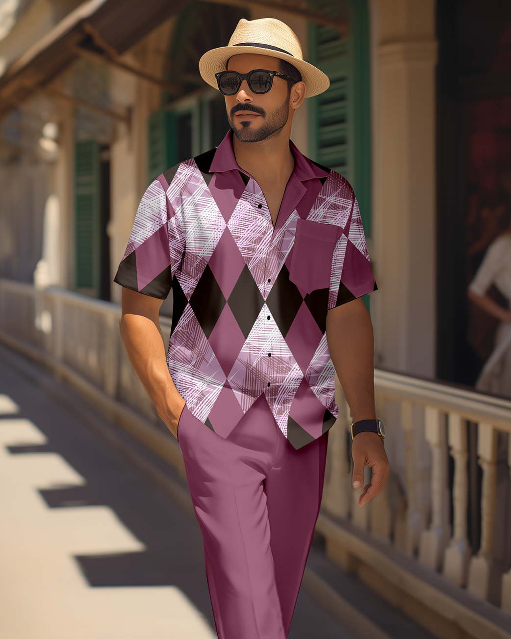 Camisa retro colorblock de manga corta walking Suit 1687 para hombre