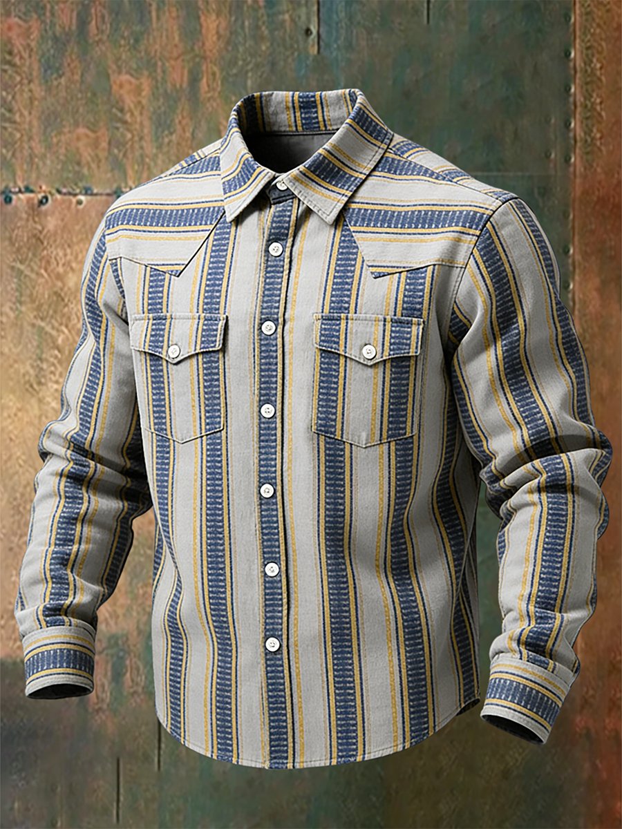 Camisa vintage a rayas Western de manga larga para hombre