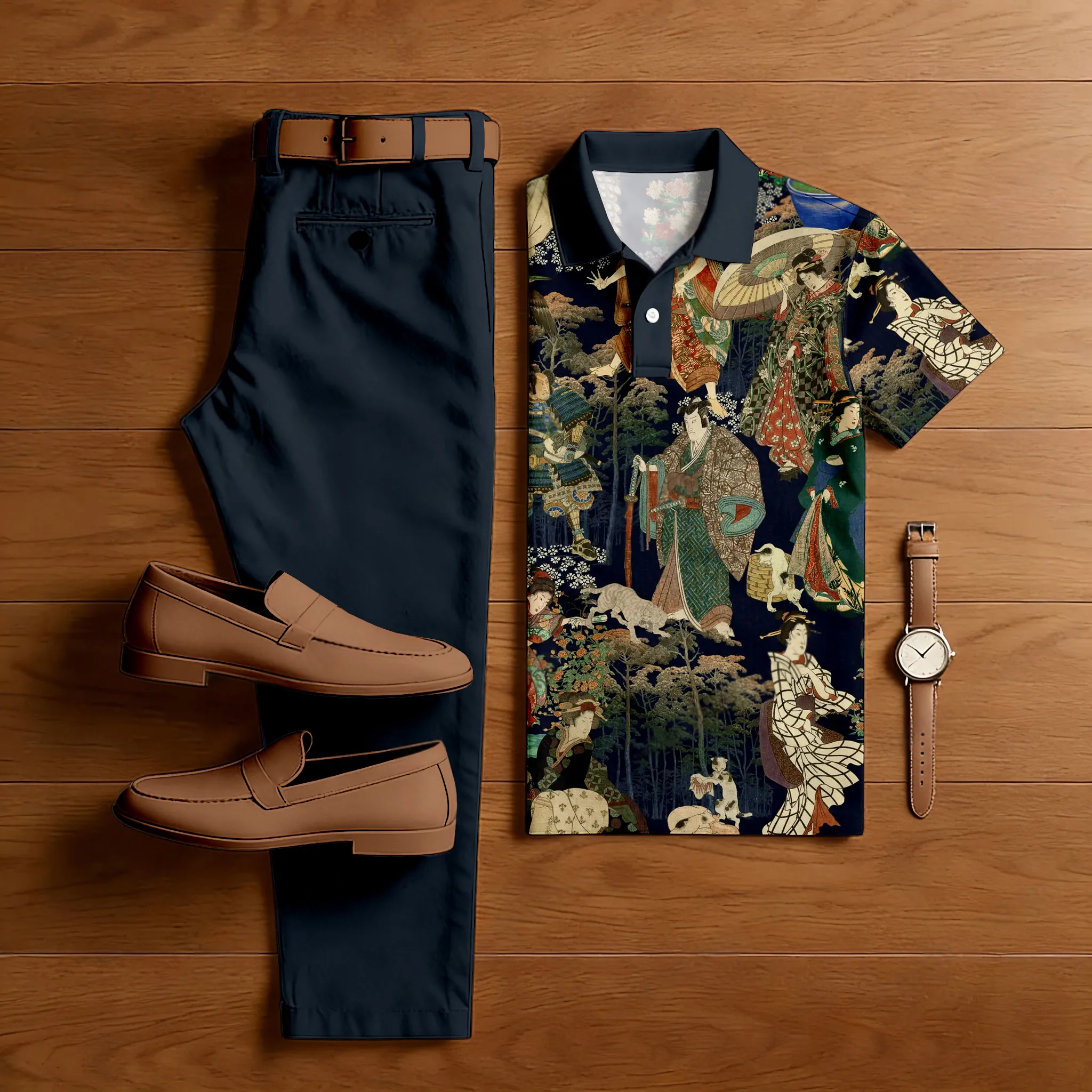 Conjunto de dos piezas casual Dark Japanese Style estampado camisa polo And pantalón para hombre