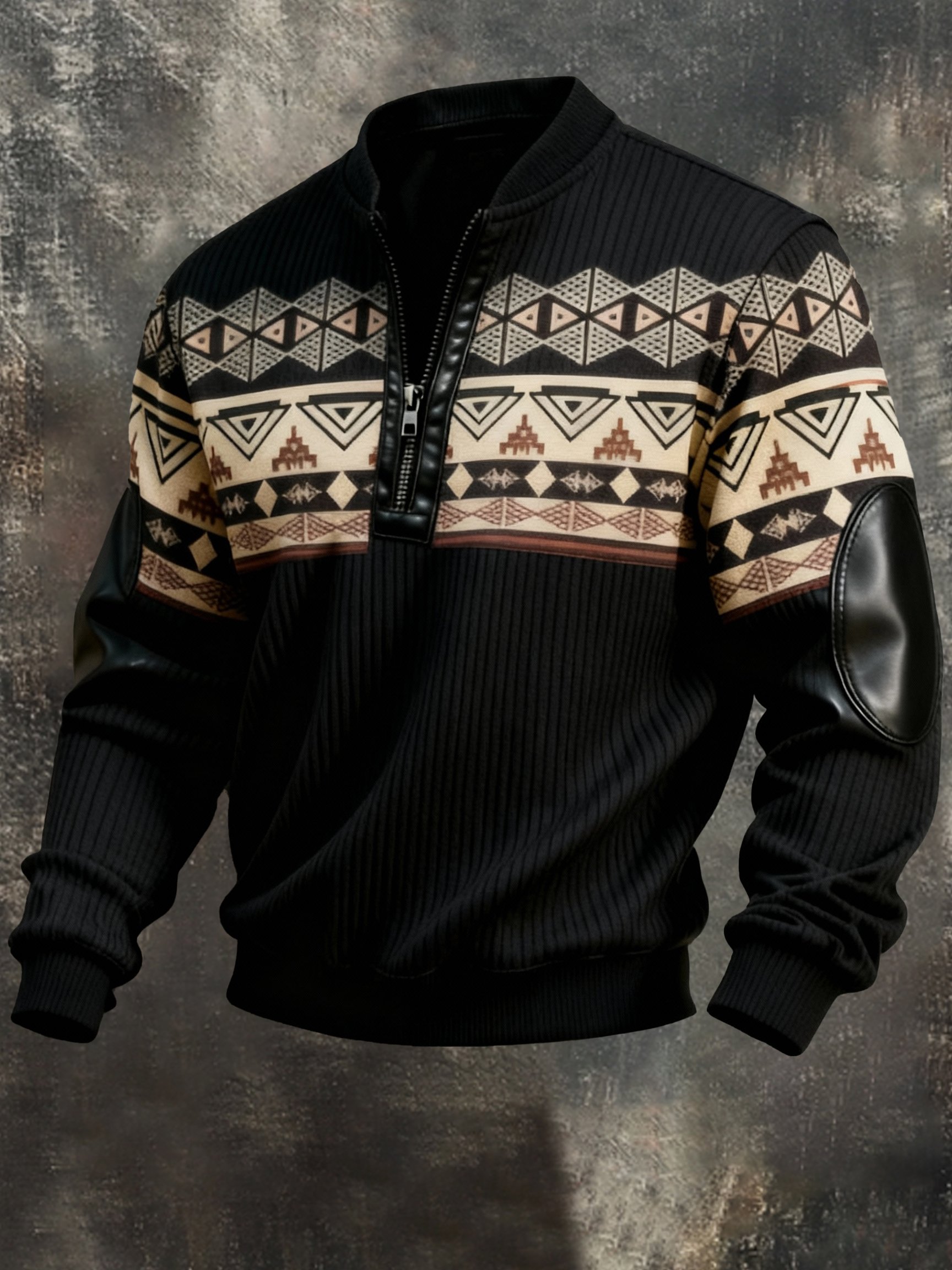 Sudadera casual retro Contrast Color Half Zip Stand cuello de manga larga para hombre
