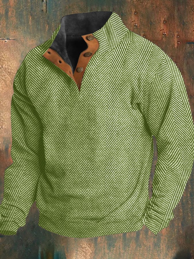 Sudadera Western vintage Herringbone estampado Design Stand cuello con botones para hombre