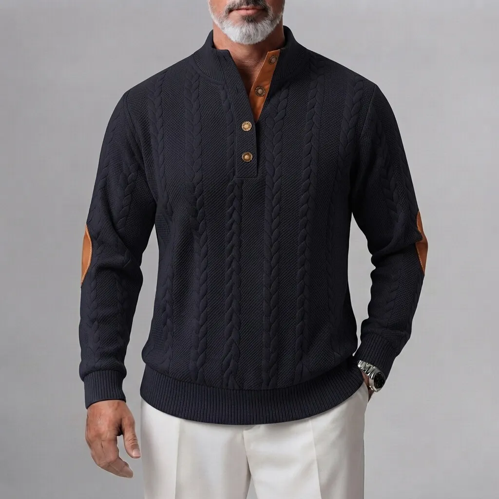 Sudadera Cable tejido Button Half Placket Stand Collar Patchpara trabajo para hombre