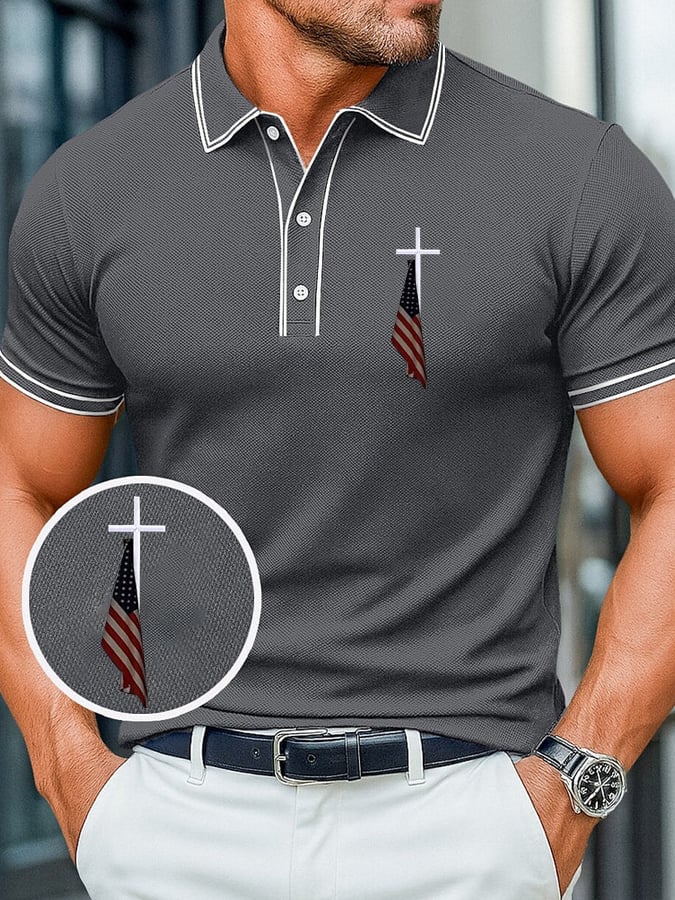 Camisa polo Cross&American Flag estampado casual para hombre