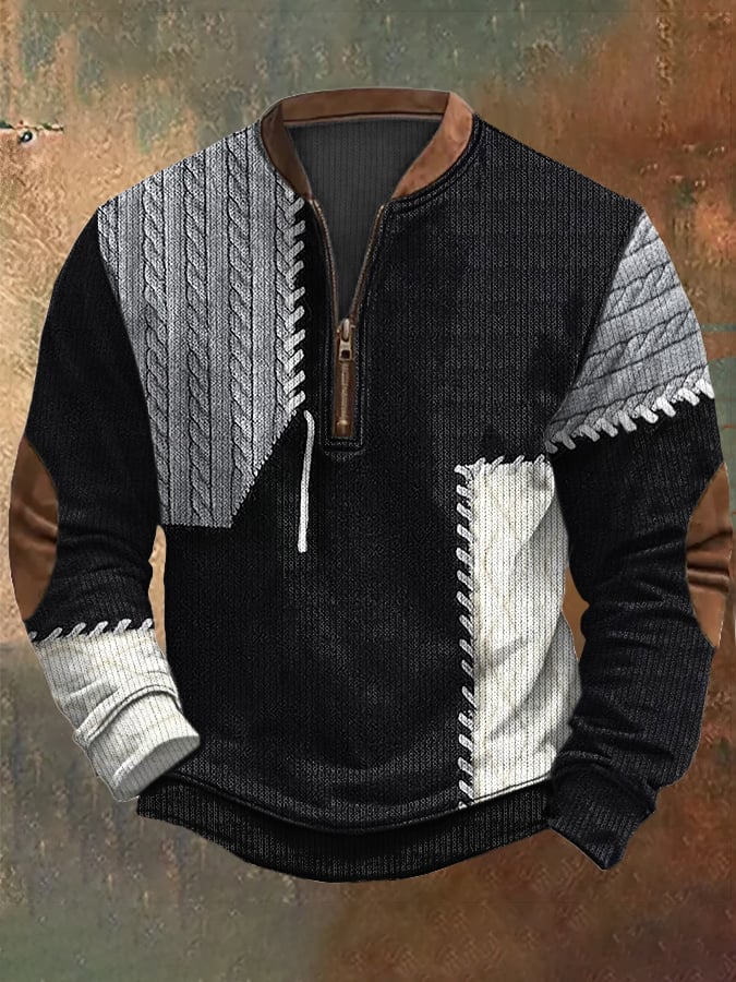 Sudadera casual 1/4 cierre Half Stand cuello retro en bloques de color estampado de manga larga para hombre
