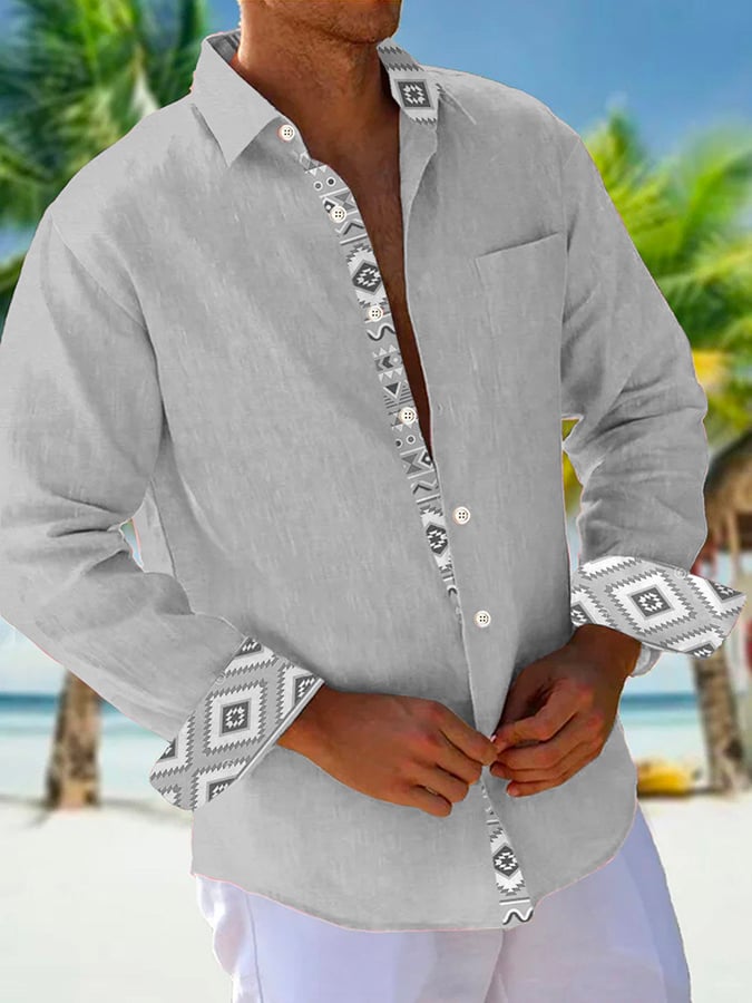 Camisa retro casual Western Geometric estampado de manga larga para hombre