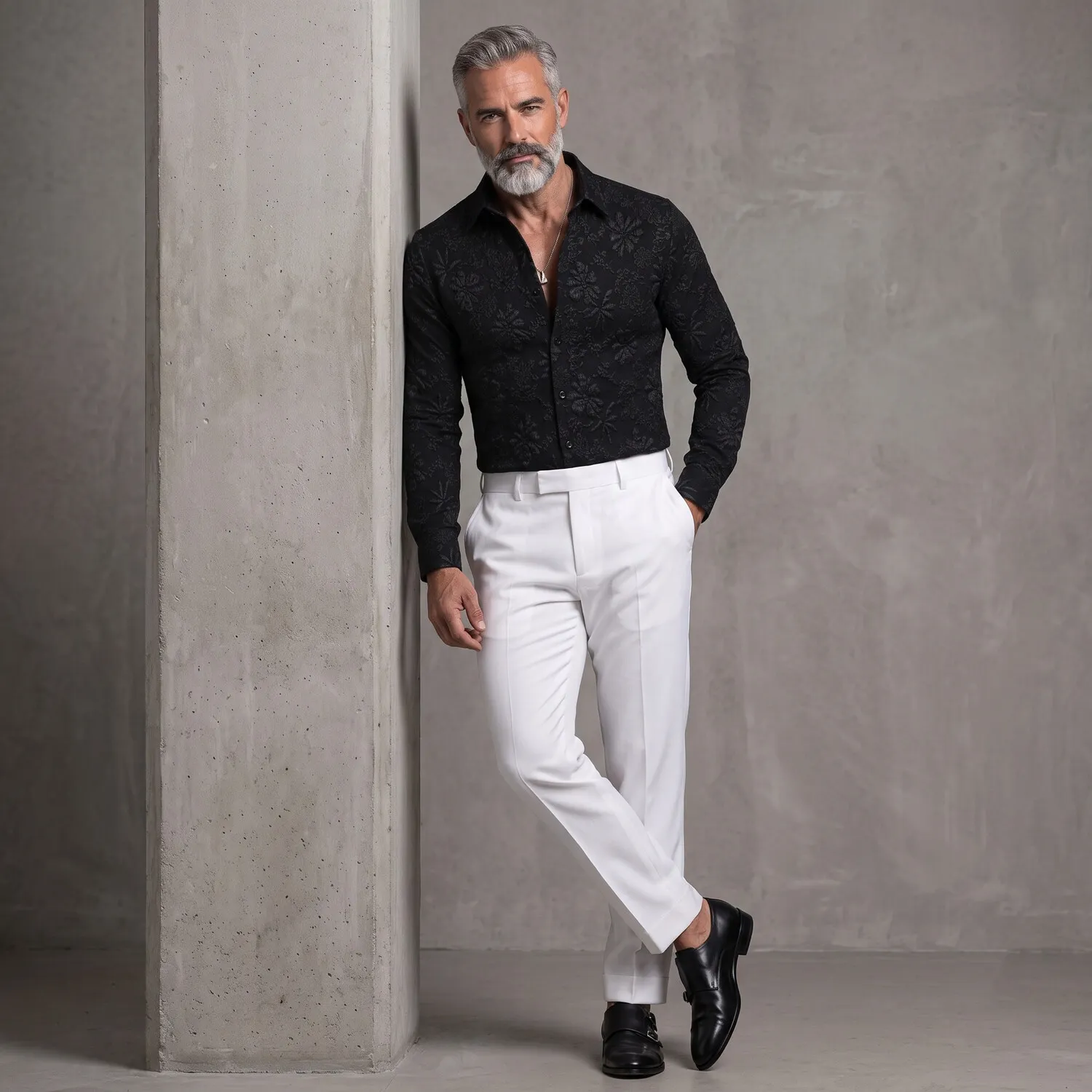 para hombre White 3D floral Embossed Pattern de corte entallado de manga larga camisa