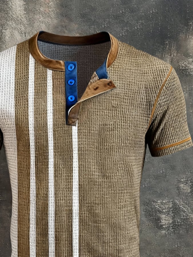 Camiseta vintage-Style Color-Block de manga corta With Henley cuello para hombre